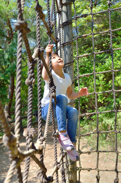 Elementary school girl is enjoying herself at the playground