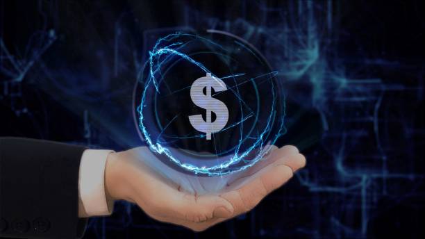 istock Painted hand shows concept hologram Sign USD on his hand 954110550