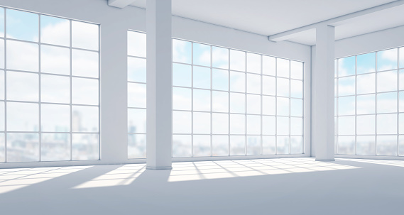 Empty modern bright interior with huge panoramic windows. 3d rendering