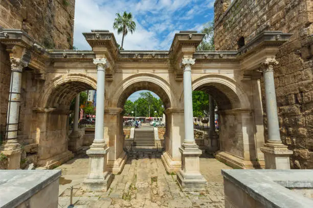 Turkey. May 17, 2017. View of Hadrian's Gate in old city of Antalya