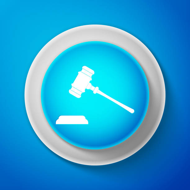 istock White Judge gavel icon isolated on blue background. Gavel for adjudication of sentences and bills, court, justice, with a stand. Auction hammer symbol. Circle blue button. Vector Illustration 954120986