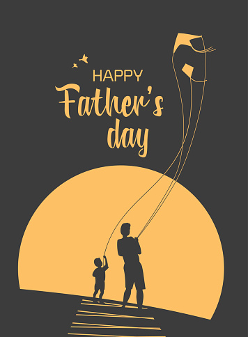 Happy father and son enjoy kiting. Father's day poster. Flat minimal simple style. Family leisure fun activity on nature. Dad and kid boy together. Holiday flyer banner background. Vector illustration