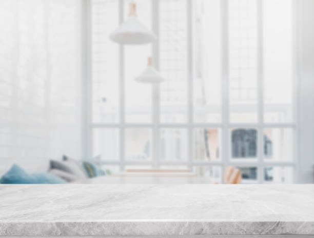 istock Empty white marble stone table top and blurred restaurant interior background with vintage filter - can used for display or montage your products. 954124844