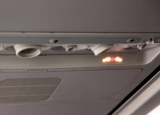 istock Fasten seat belt flashing symbol in plane cabin 954129700