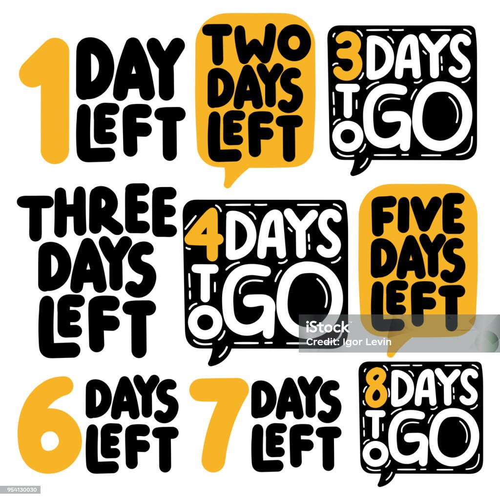 1,2,3,4,5,6,7,8 days to go. Vector illustrations on white background. Set of hand drawn badges. Countdown stock vector