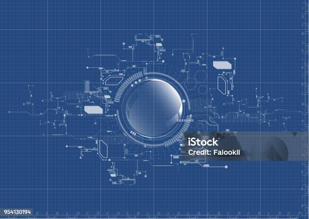 Technological Abstract Digital Technical System Blueprint Background Vector Stock Illustration - Download Image Now