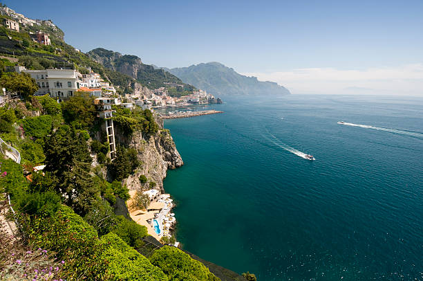 An aerial photo of the Amalfi coastline on a beautiful day stock photo