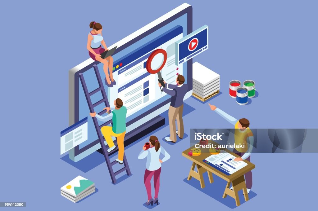 Isometric people images seo illustrations Isometric people images to create seo illustrations. Can use for web banner, infographics, hero images. Flat isometric vector illustration isolated on blue background. Marketing stock vector