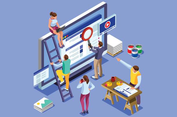 Isometric people images seo illustrations Isometric people images to create seo illustrations. Can use for web banner, infographics, hero images. Flat isometric vector illustration isolated on blue background. search engine advertising stock illustrations