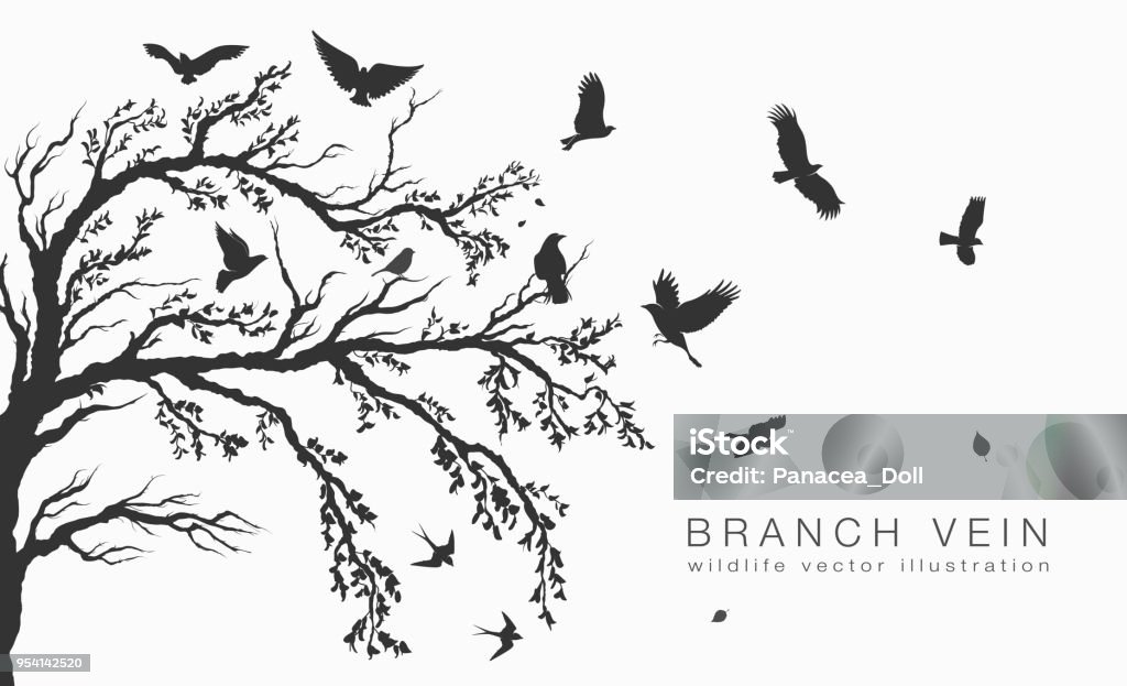 Schwarm von fliegen Vögel auf ast baum - Lizenzfrei Baum Vektorgrafik