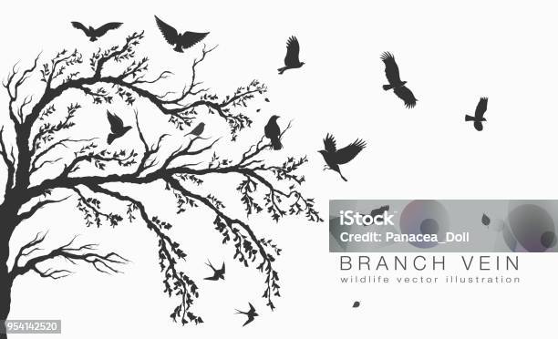 Flock Of Flying Birds On Tree Branch Tree Stock Illustration - Download Image Now - Tree, Bird, Branch - Plant Part