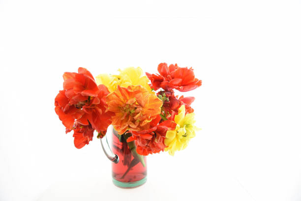 Mixed bouquet of red and orange flowers on white background