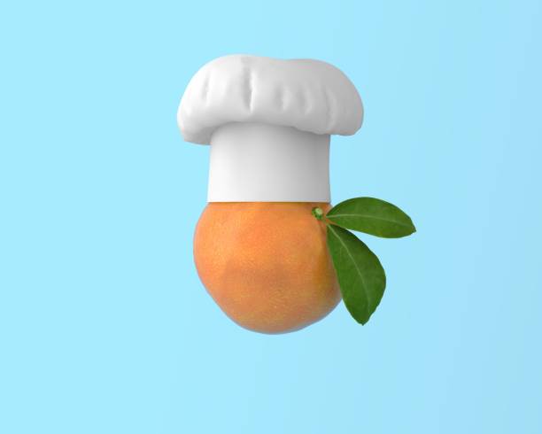 istock Chef hat with Orange fruit concept on pastel blue background. minimal idea food and fruit concept. Idea creative to produce work within an advertising marketing communications or artwork design. 954156630