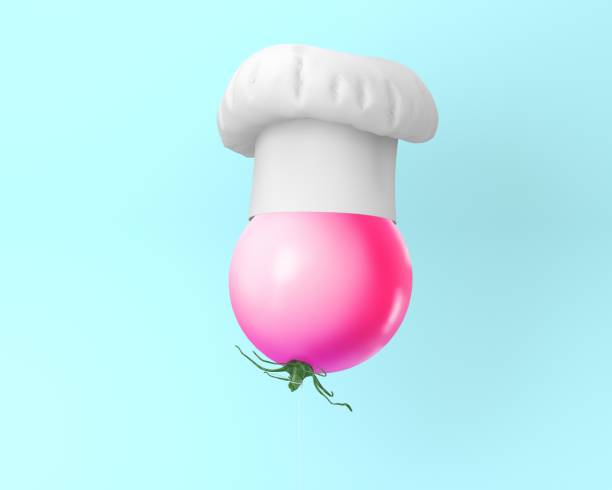 istock Creative layout Chef hat with tomato balloon pink concept on pastel blue background.minimal idea business concept. fruit idea creatives to produce work within an advertising marketing communications 954156706