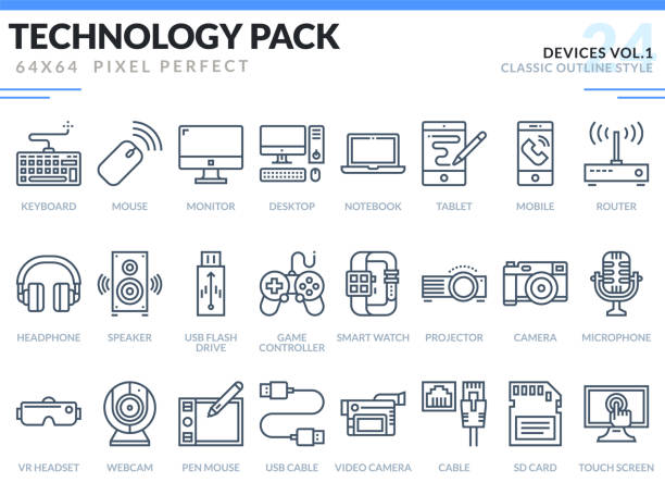 illustrazioni stock, clip art, cartoni animati e icone di tendenza di set di icone dei dispositivi.  pacchetto icone contorno tecnologico. icone vettoriali pixel perfect thin line per web design e applicazione sito web. - attrezzatura di proiezione