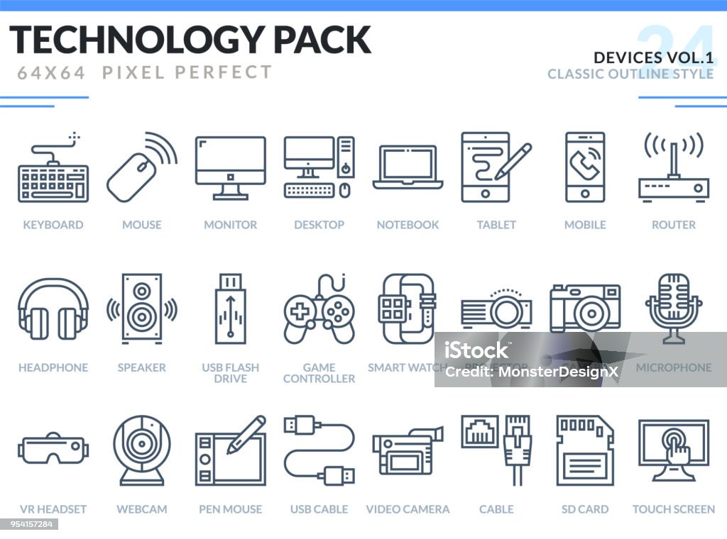 Devices Icons Set.  Technology outline icons pack. Pixel perfect thin line vector icons for web design and website application. Icon Symbol stock vector