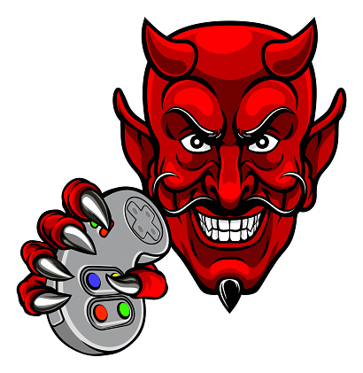 A devil cartoon character player gamer esports sport mascot holding a video games controller