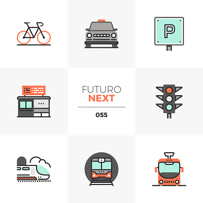 Modern flat icons set of various city transport, commute transportation. Unique color flat graphics elements with stroke lines. Premium quality vector pictogram concept for web, logo, branding, infographics.