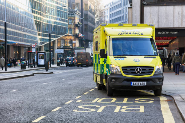 London, England - February 21, 2018: A London Emergency Ambulance on a road during the day