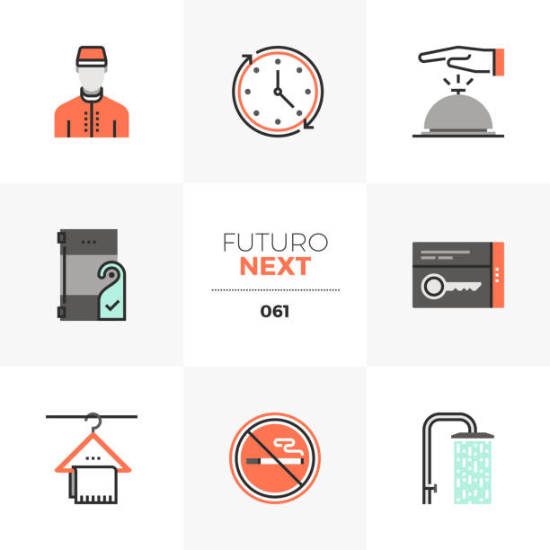 Hotel Services Futuro Next Icons Modern flat icons set of hotel services, guest room facilities. Unique color flat graphics elements with stroke lines. Premium quality vector pictogram concept for web, logo, branding, infographics. guest bathroom stock illustrations