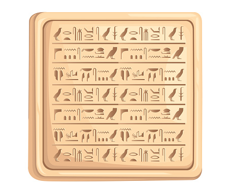 Egyptian hieroglyphics on stone plate ancient script vector illustration on white background web site page and mobile app design.