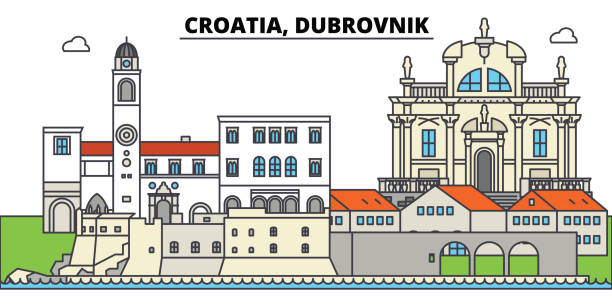 hırvatistan dubrovnik. şehir manzarası, mimari, binalar, caddeler, siluet, manzara, panorama, yerler. düzenlenebilir vuruş. düz çizgi vektör çizim tasarım. i̇zole simgeler - croatia stock illustrations