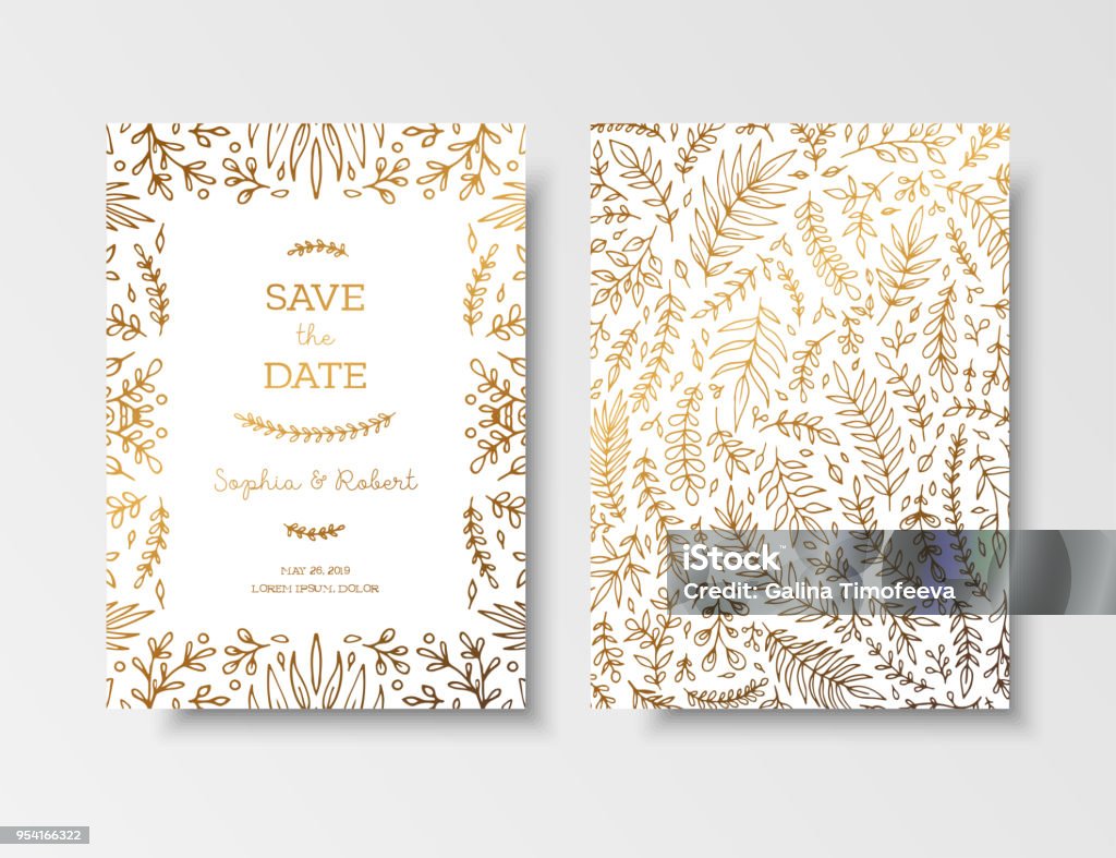 Wedding vintage invitation,save the date card with golden twigs and flowers. Cover design with gold botanical ornaments. Gold cards templates for save the date, invites, greeting cards, place for text Wedding vintage invitation,save the date card with golden twigs and flowers. Cover design with gold botanical ornaments. Gold cards templates for save the date, invites, greeting card, place for text Gold - Metal stock vector