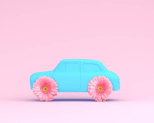 istock Pink flower layout wheel and car blue on pink pastel background. minimal idea creative concept. Idea creative to produce work within an advertising marketing communications. 954166434