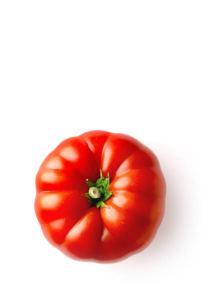 Tomato isolated on a white background viewed from above. Fresh vegetable food. Copy space. Top view