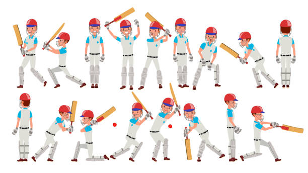 ilustraciones, imágenes clip art, dibujos animados e iconos de stock de vector de jugador de cricket profesional. jugadores equipados. cojines, palos, casco. aislado en ilustración de personaje de dibujos animados blanco - equipped