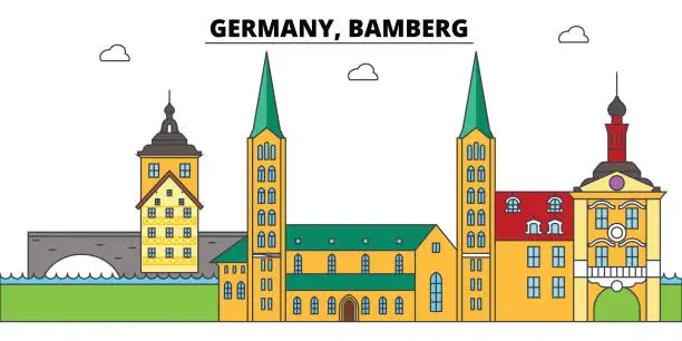 Vector illustration of Germany, Bamberg. City skyline, architecture, buildings, streets, silhouette, landscape, panorama, landmarks. Editable strokes. Flat design line vector illustration concept. Isolated icons