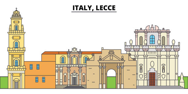 Italy, Lecce. City skyline, architecture, buildings, streets, silhouette, landscape, panorama, landmarks. Editable strokes. Flat design line vector illustration concept. Isolated icons Italy, Lecce. City skyline, architecture, buildings, streets, silhouette, landscape, panorama, landmarks, icons. Editable strokes. Flat design line vector illustration concept lecce stock illustrations