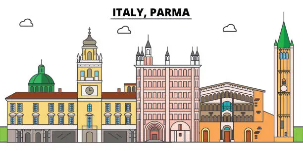 Vector illustration of Italy, Parma. City skyline, architecture, buildings, streets, silhouette, landscape, panorama, landmarks. Editable strokes. Flat design line vector illustration concept. Isolated icons