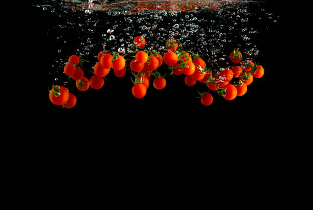 Fresh whole cherry tomatoes are just thrown into water. They make bubbles while going deep into the crystal clear water on black background.