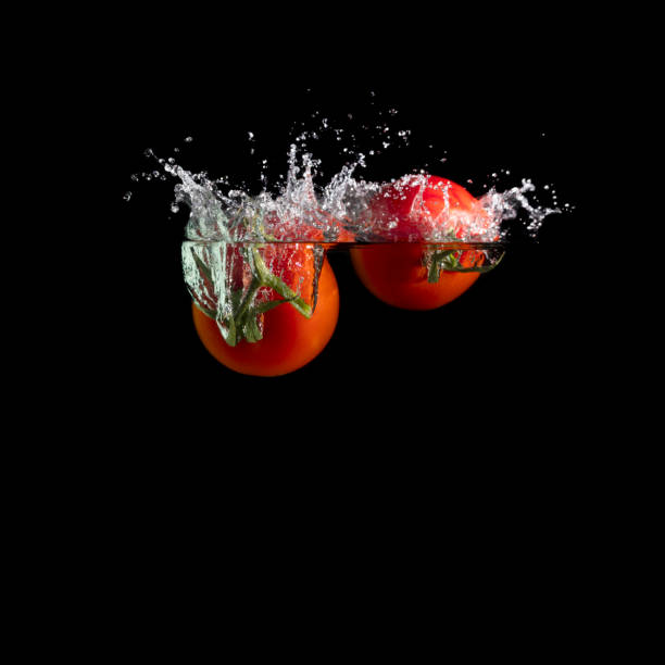 Fresh whole tomatoes are just thrown into water. They make bubbles while going deep into the crystal clear water on black background.