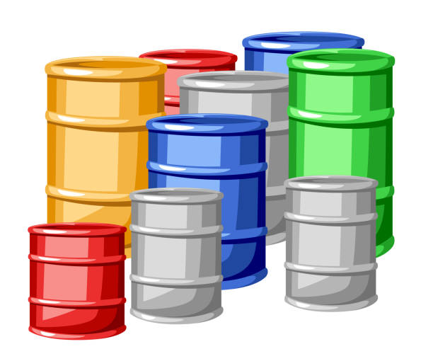 istock Set of different sizes steel color barrels vector illustration isolated on white background web site page and mobile app design 954180566