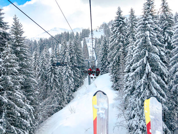 Point of view shot of someone on a ski lift in Samoens, France.