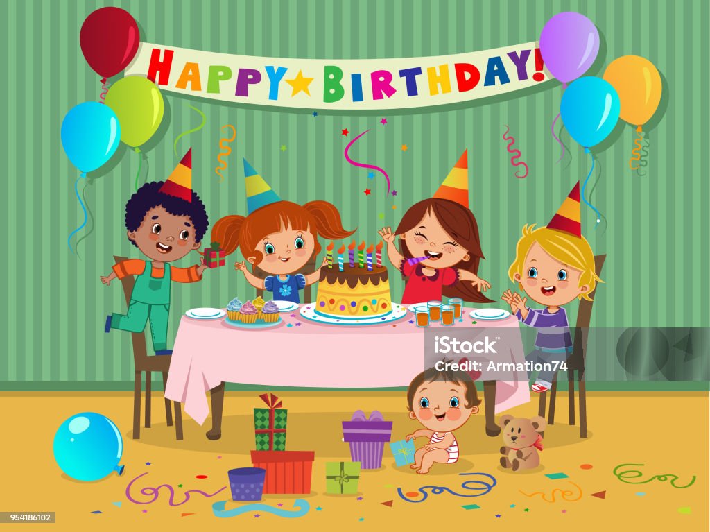 Cartoon Kids Party With Sweets And Gifts On Birthday Celebration Vector  Illustration Stock Illustration - Download Image Now - iStock
