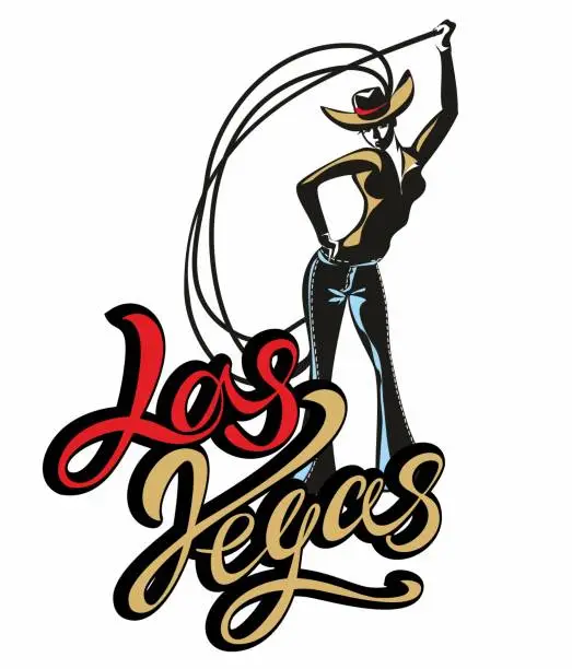 Vector illustration of Las Vegas. The cowboy girl . Lasso.  Invitation. Greeting. Weathercock. Sign. Western. Vintage. Retro.  Vector.