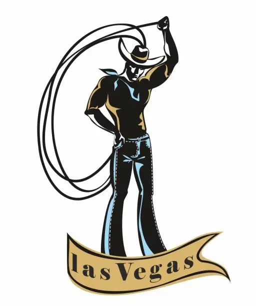Vector illustration of Las Vegas. Cowboy.   Lasso.  Invitation. Greeting. Weathercock. Sign. Western. Vintage. Retro.  Vector.