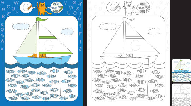 Preschool worksheet Preschool worksheet for practicing fine motor skills and recognizing letters - trace the letter on the sail - circle all fishes with letter G g star stock illustrations