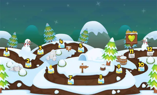Vector illustration of Winter Christmas Game Level Map