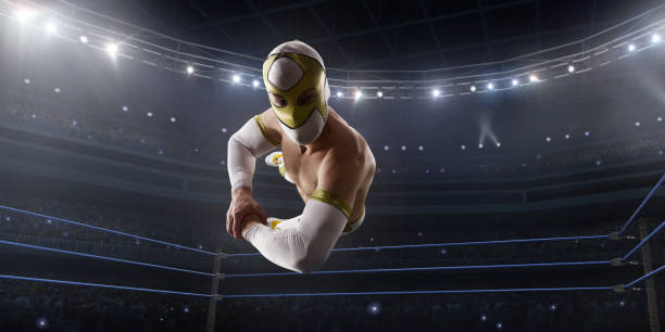 wrestling show. wrestler in a bright sport clothes and face mask in the ring - wrestling mask imagens e fotografias de stock