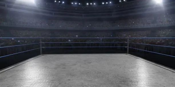 Professional wrestling and boxing ring in 3D with tribune, fans and rays of light