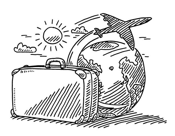 ilustraciones, imágenes clip art, dibujos animados e iconos de stock de avión de sol concepto maleta de viaje de la tierra dibujo - flying vacations doodle symbol