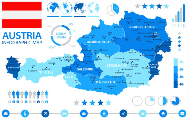05 - Austria - Blue Spot Infographic 10 Map of Austria - Infographic Vector illustration wiener neustadt stock illustrations