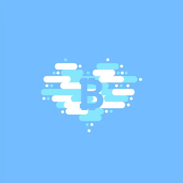 Vector illustration of Bitcoin in cloud in the shape of a heart with shadow and blue sky background