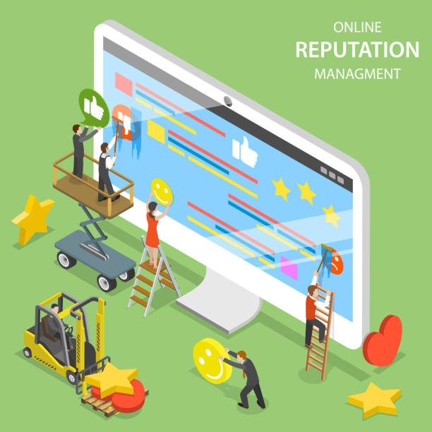 Reputation management flat isometric vector. Reputation management flat isometric vector. Group of people are trying to replace negative symbols of customer feedbacks with positive ones. better complaint stock illustrations