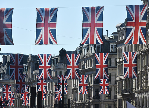Central London with Union Jack British flags at the time of a Royal celebration