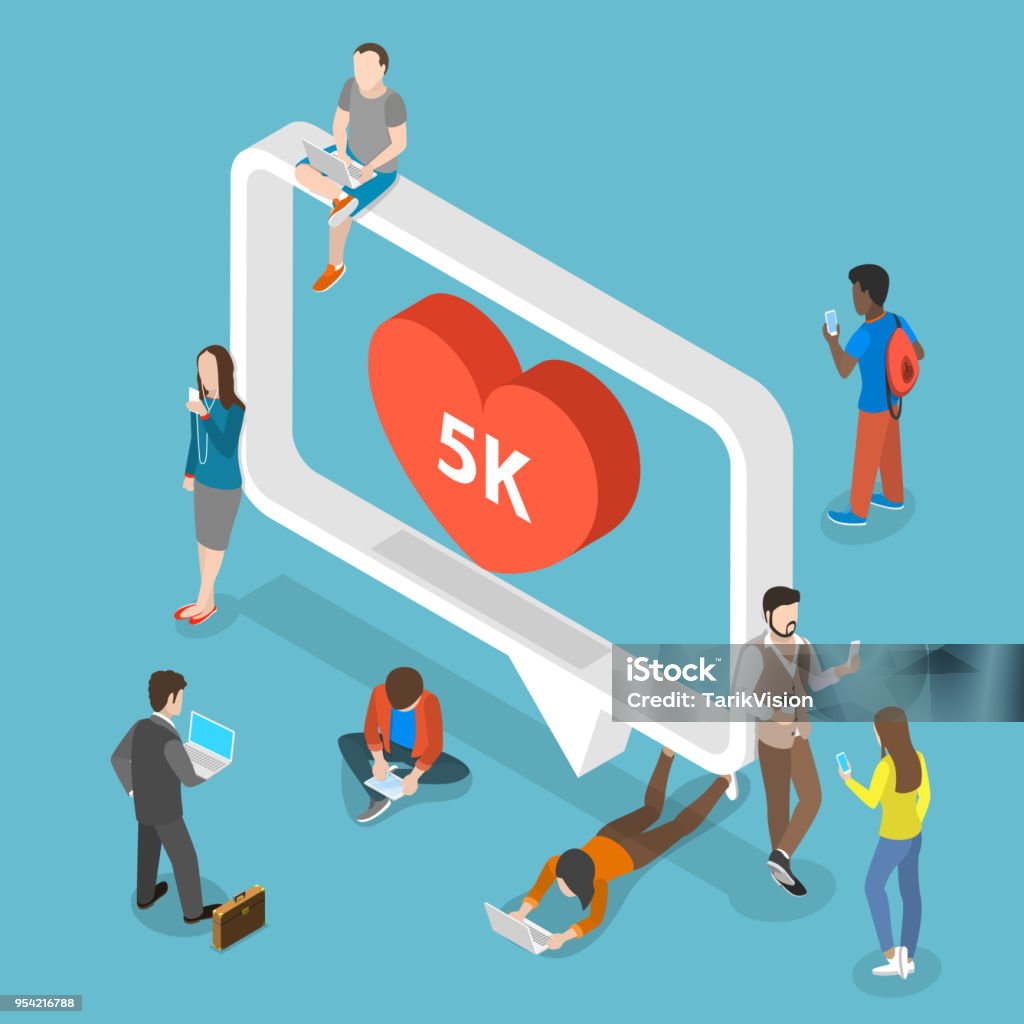 Social media flat isometric vector concept. Social media flat isometric vector concept. People around the big speech bubble are using their mobile devices. Social Media stock vector